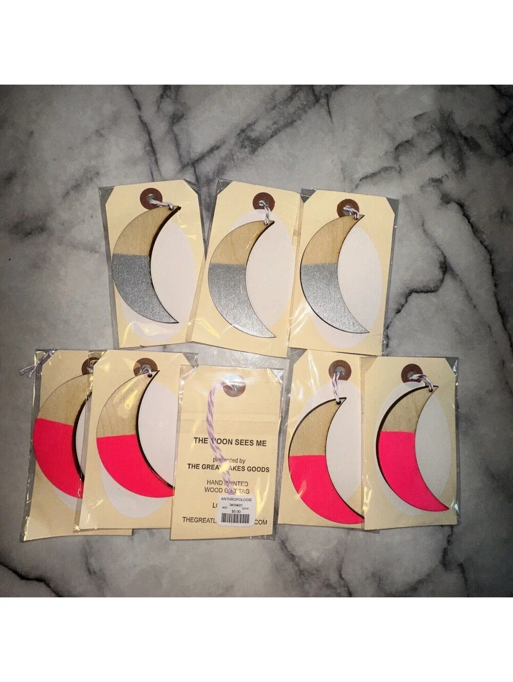 8 NEW ANTHROPOLOGIE Wooden Gift Tags Hand Painted Crescent Moon Ornament Pink